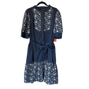 GRACIA Floral Embroidery Button Down Navy Midi Cotton Dress size XL Cottagecore